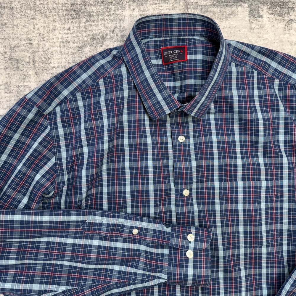 UNTUCKit Shirt Mens 2XL Blue Plaid Wrinkle Free Button Up Belvino Office Casual
